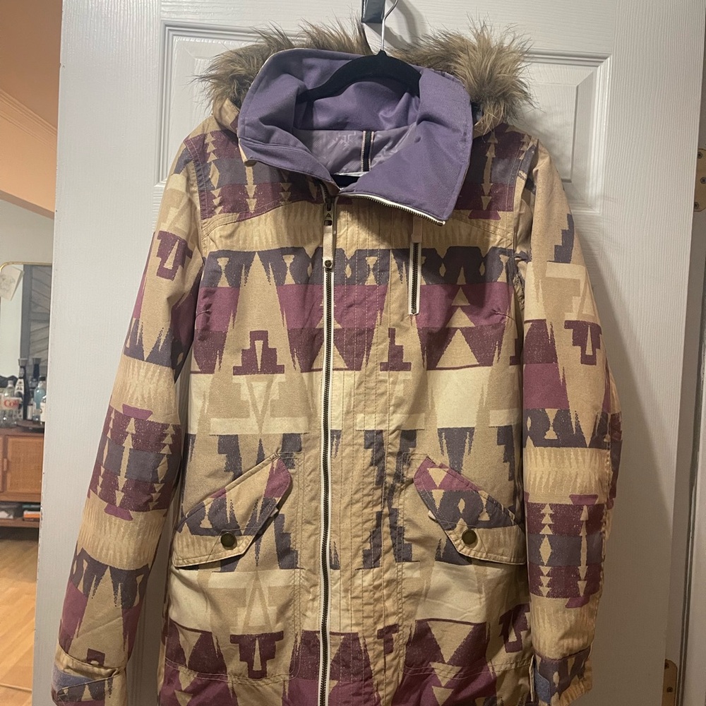 Burton Beige and Purple Geometric Ski Jacket with Fur Hood - Picture 7 of 7